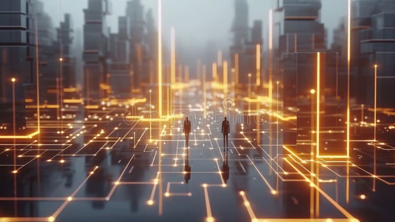 abstract-cyber-cityscape-glowing-data-pathways-silhouettes-futuristic-golden-silhouetted-figures-walking-360676703