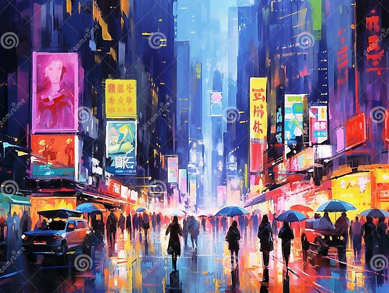 bustling-cityscape-night-towering-skyscrapers-adorned-vibrant-neon-lights-reflect-off-rain-soaked-streets-282489622